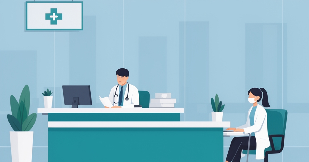 Healthcare receptionist using AI voice agent phone system at clinic desk