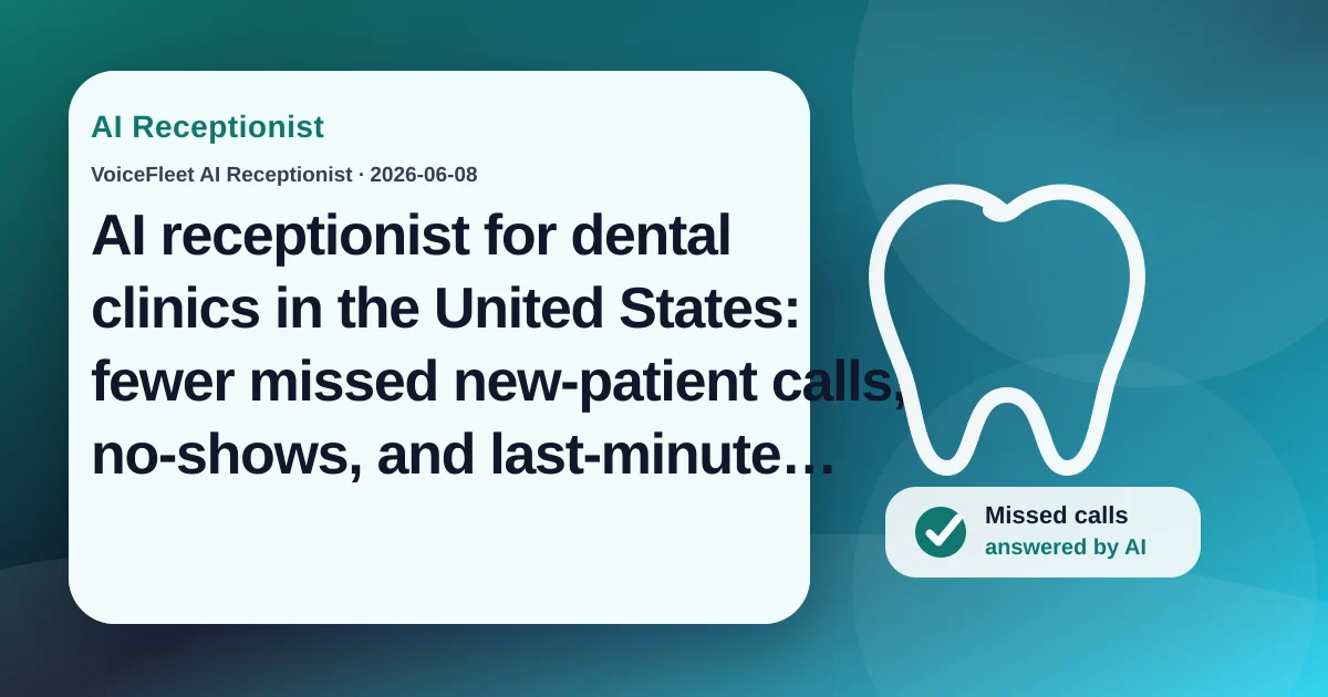 AI receptionist for dental clinics in the United States: fewer missed new-patient calls, no-shows, and last-minute cancellations — VoiceFleet blog illustration