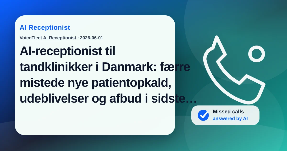 AI-receptionist til tandklinikker i Danmark: færre mistede nye patientopkald, udeblivelser og afbud i sidste øjeblik — VoiceFleet blog illustration