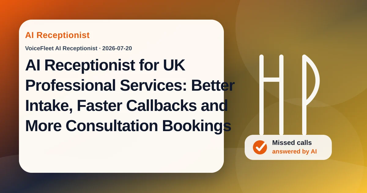 AI Receptionist for UK Professional Services: Better Intake, Faster Callbacks and More Consultation Bookings — VoiceFleet blog illustration