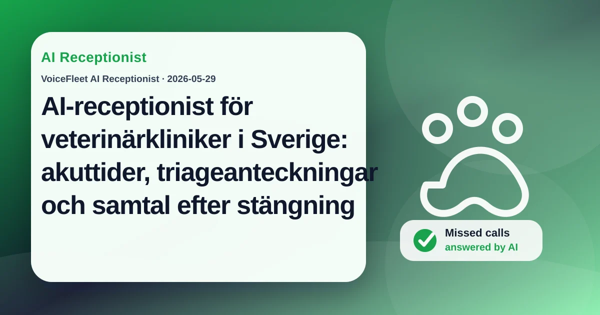 AI-receptionist för veterinärkliniker i Sverige: akuttider, triageanteckningar och samtal efter stängning — VoiceFleet blog illustration