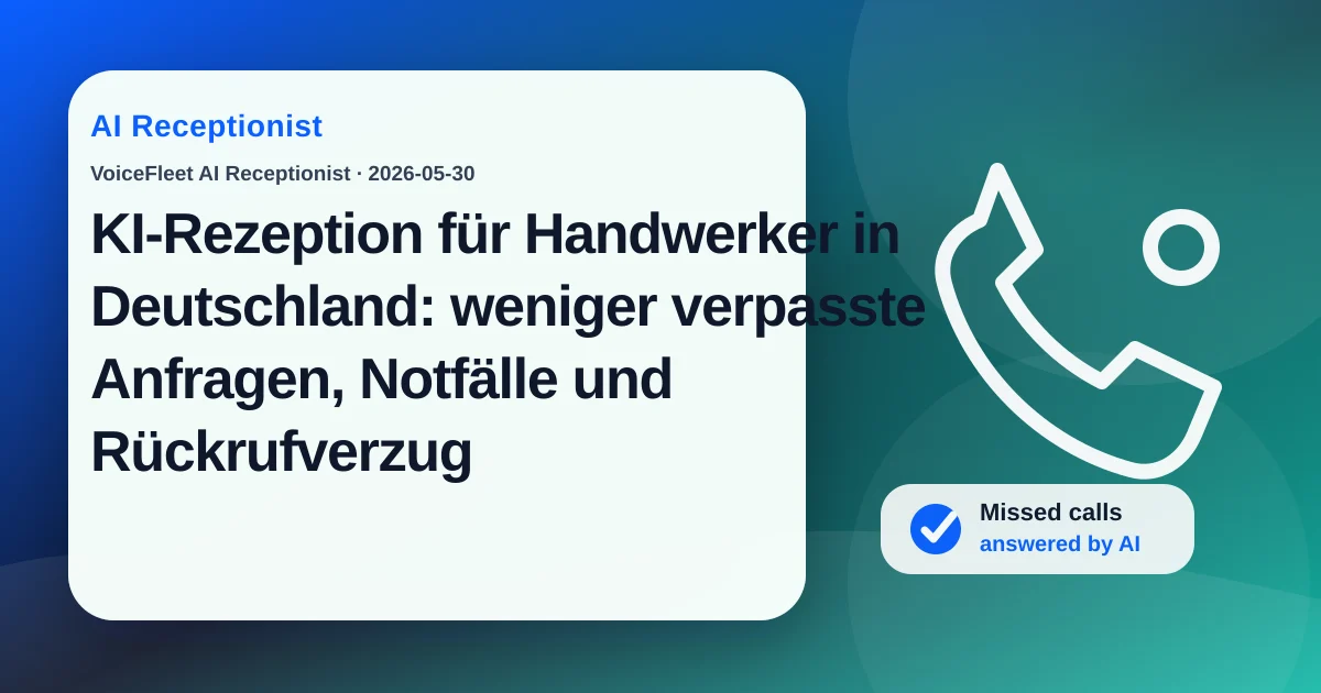 KI-Rezeption für Handwerker in Deutschland: weniger verpasste Anfragen, Notfälle und Rückrufverzug — VoiceFleet blog illustration