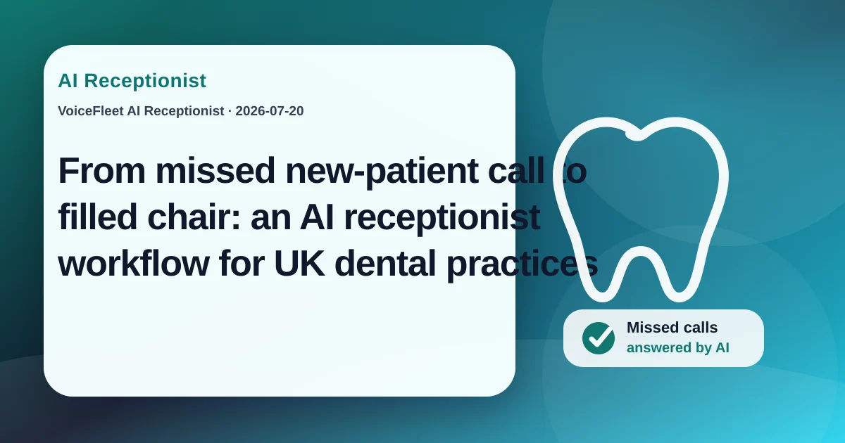 From missed new-patient call to filled chair: an AI receptionist workflow for UK dental practices — VoiceFleet blog illustration