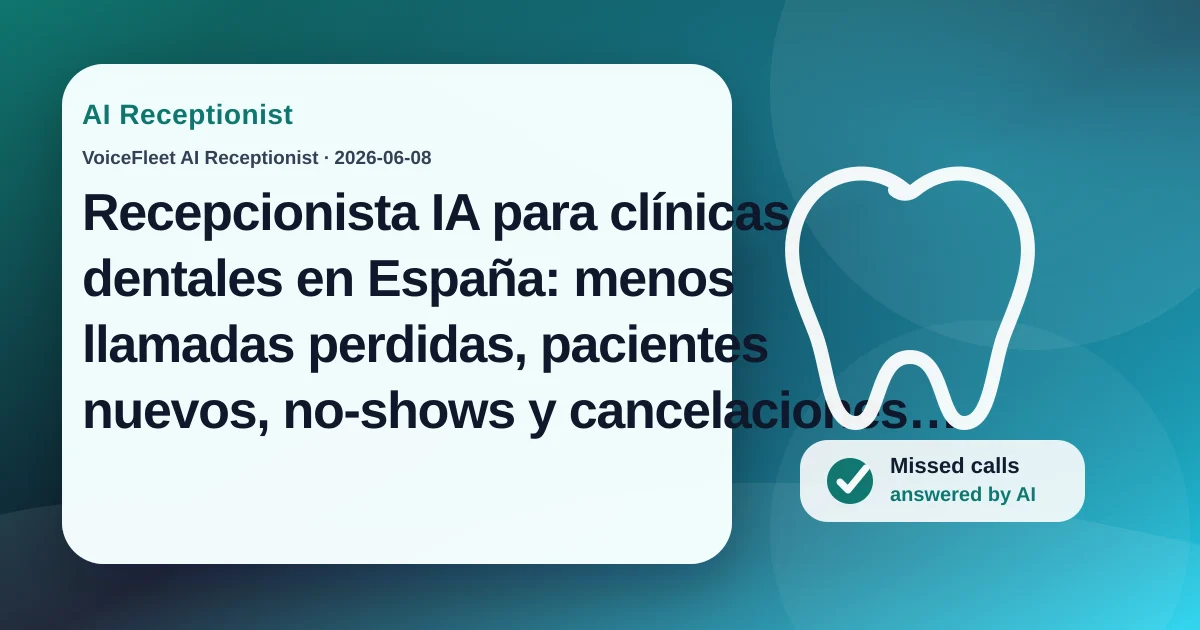 Recepcionista IA para clínicas dentales en España: menos llamadas perdidas, pacientes nuevos, no-shows y cancelaciones de última hora — VoiceFleet blog illustration