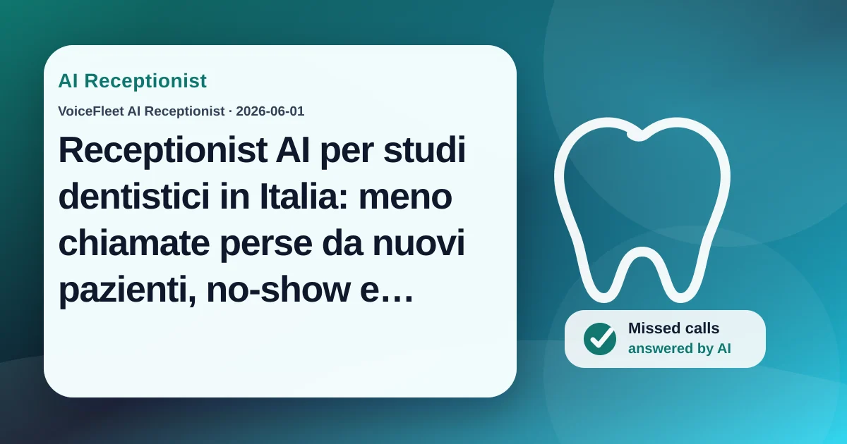 Receptionist AI per studi dentistici in Italia: meno chiamate perse da nuovi pazienti, no-show e cancellazioni all’ultimo minuto — VoiceFleet blog illustration