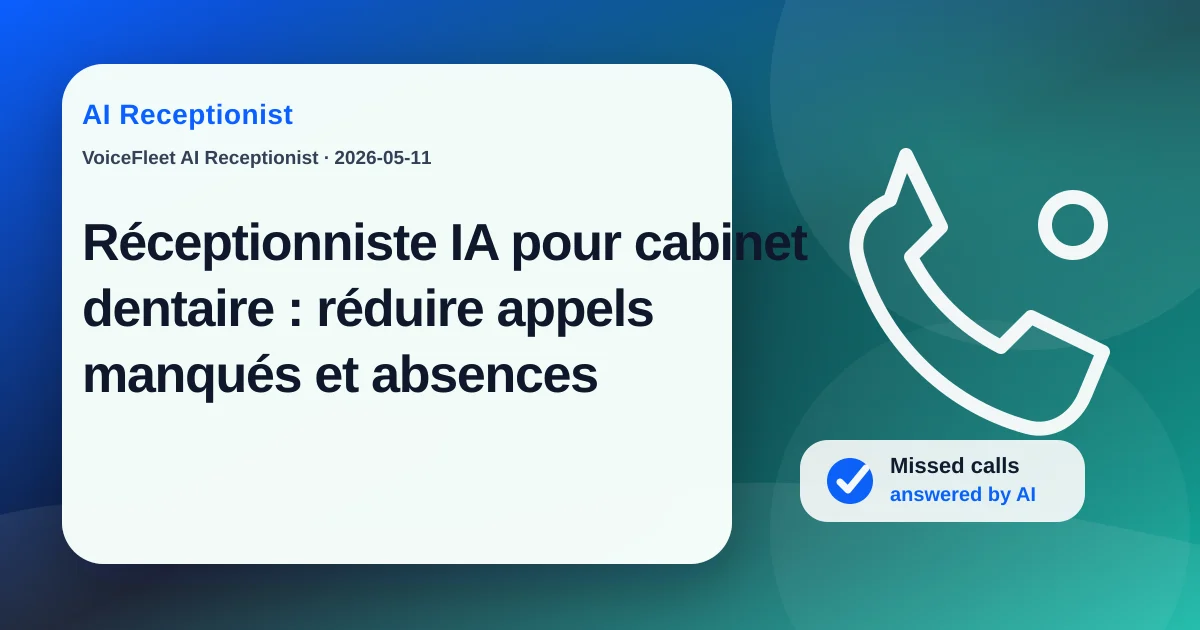 Réceptionniste IA pour cabinet dentaire : réduire appels manqués et absences — VoiceFleet blog illustration