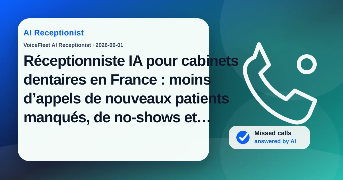 Réceptionniste IA pour cabinets dentaires en France : moins d’appels de nouveaux patients manqués, de no-shows et d’annulations de dernière minute — VoiceFleet blog illustration