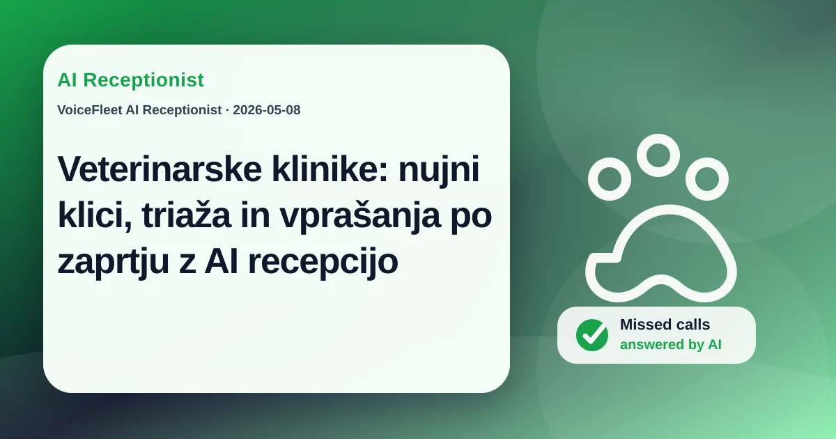 Veterinarske klinike: nujni klici, triaža in vprašanja po zaprtju z AI recepcijo — VoiceFleet blog illustration