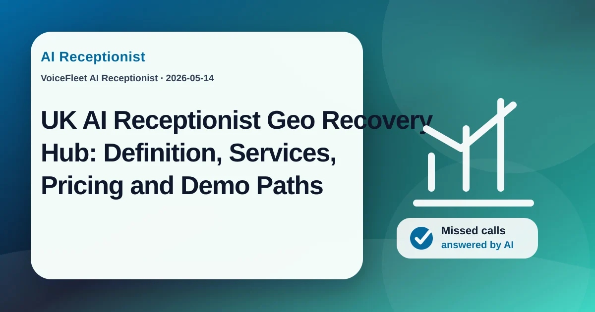 UK AI Receptionist Geo Recovery Hub: Definition, Services, Pricing and Demo Paths — VoiceFleet blog illustration
