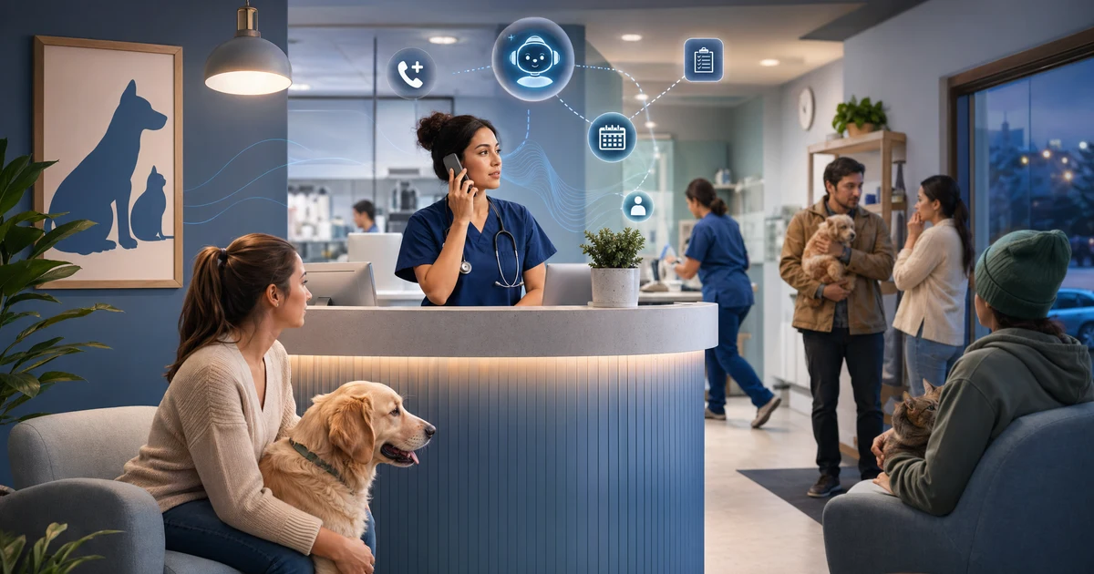 AI recepcija za veterinarske klinike v 2026: kako klinike obvladujejo nujne klice, začetno triažo in poizvedbe skrbnikov po delovnem času — VoiceFleet blog illustration