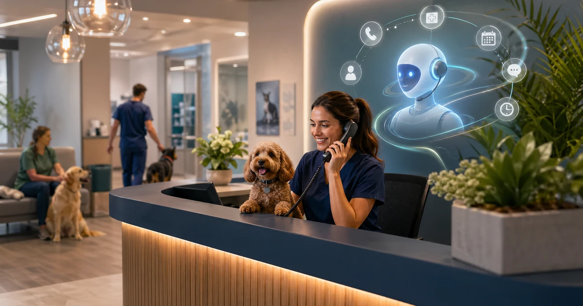 AI-reception til dyreklinikker i 2026, sådan håndterer klinikker akutte opkald, første triage og henvendelser uden for åbningstid — VoiceFleet blog illustration