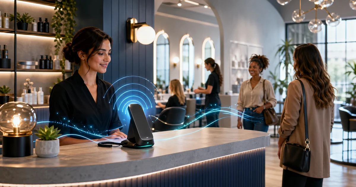 AI-reception til saloner i 2026: hvordan danske beautyforretninger reducerer missede bookingopkald, ombookinger og henvendelser efter lukketid — VoiceFleet blog illustration