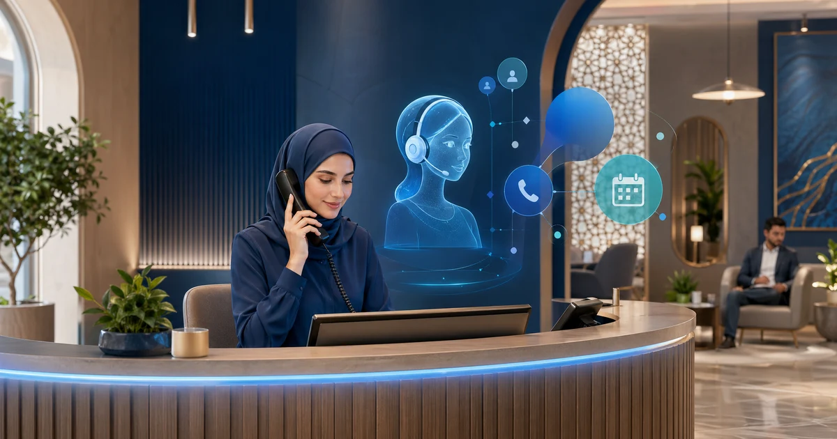 موظف استقبال بالذكاء الاصطناعي للشركات الصغيرة: دليل 2026 — VoiceFleet blog illustration