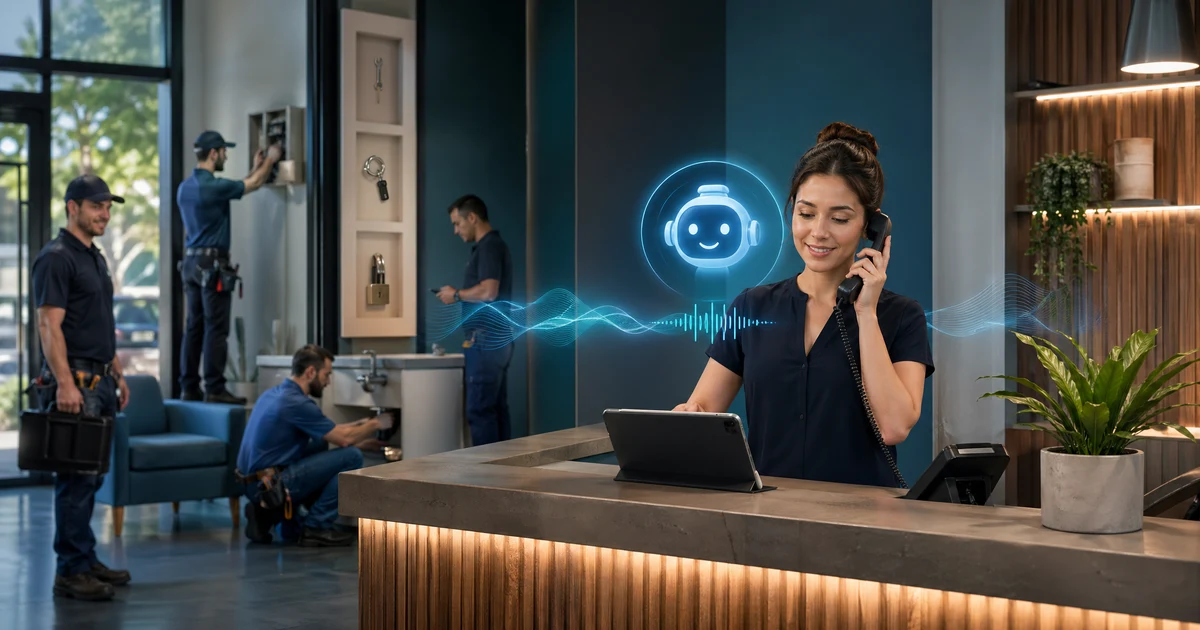 AI-reception til håndværkere og servicevirksomheder i 2026: sådan reduceres mistede tilbud, akutte opgaver og forsinkede tilbagekald — VoiceFleet blog illustration