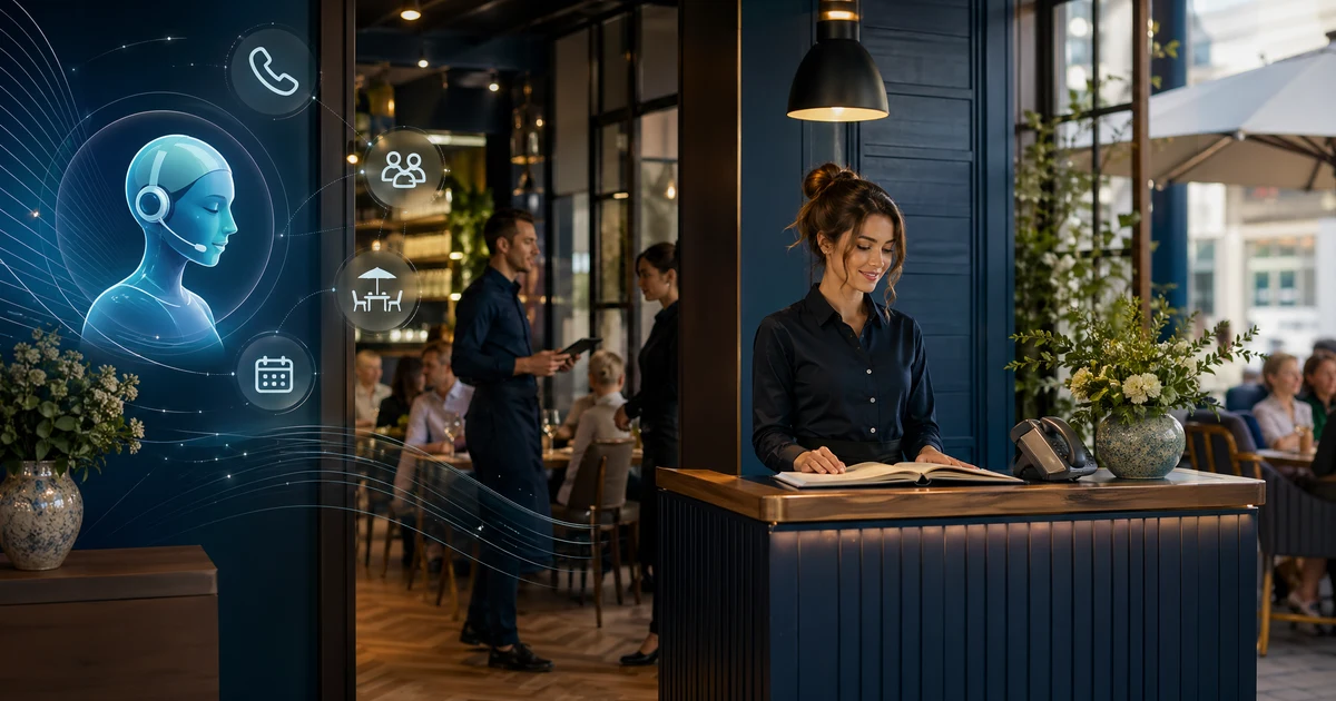 Wie Restaurants in Deutschland mit einer KI-Rezeption Mittagsgeschäft, Gruppenanfragen und Feiertagsstress besser steuern — VoiceFleet blog illustration