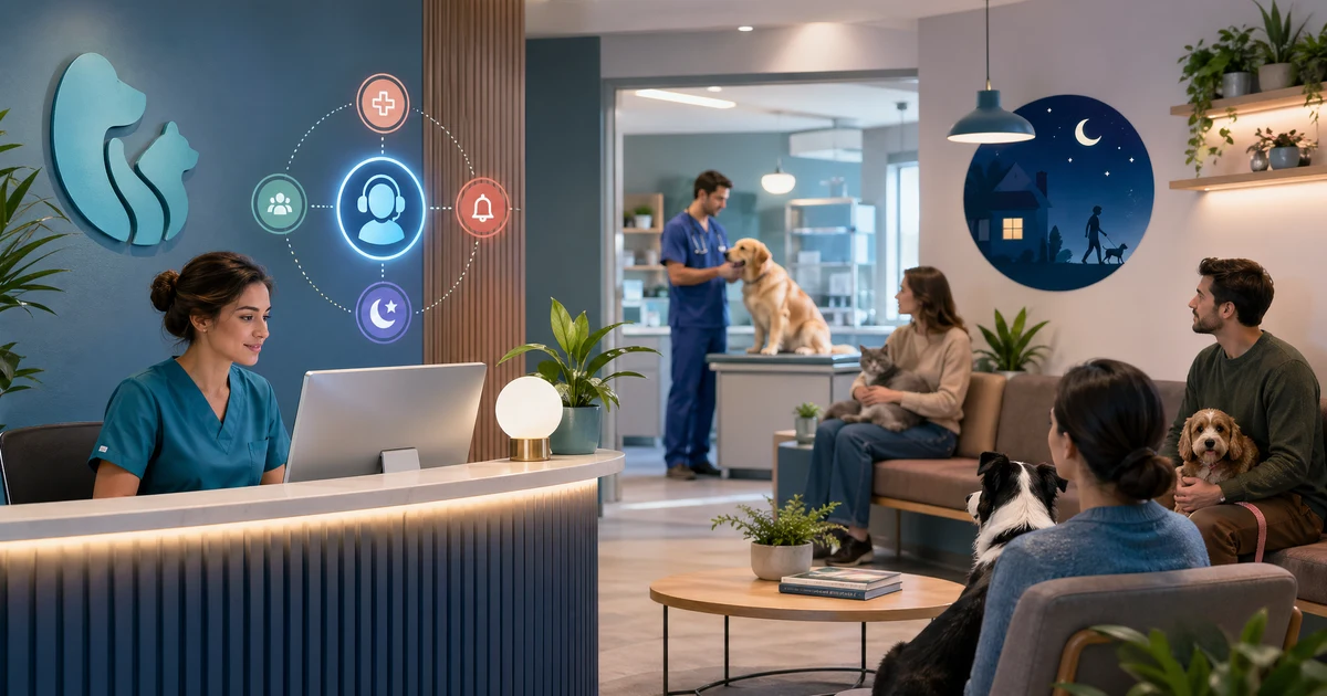 AI vastuvõtt veterinaarkliinikutele 2026: kuidas kliinikud haldavad kiirelisi kõnesid, esmast triaaži ja loomaomanike päringuid pärast tööaega — VoiceFleet blog illustration