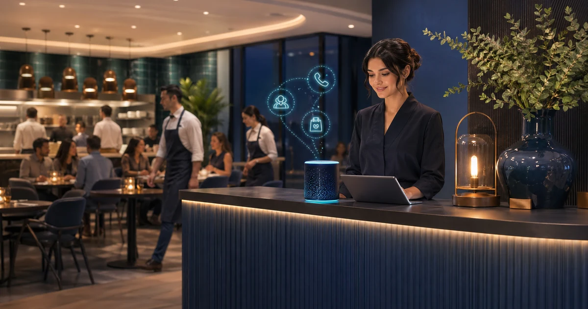 Hvordan restauranter reduserer tapte reservasjoner, takeaway-samtaler og kveldsrush med AI-resepsjon i 2026 — VoiceFleet blog illustration
