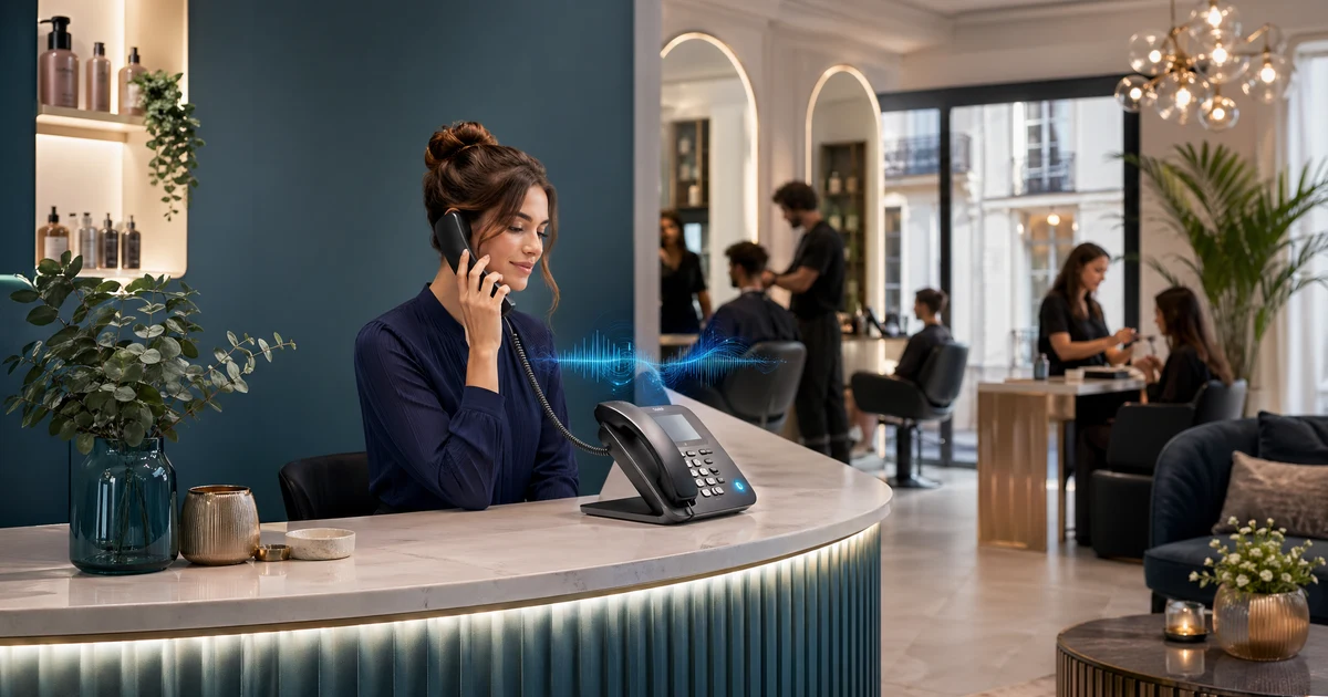 Réceptionniste IA pour salons en 2026 : comment les instituts et salons en France réduisent les appels ratés, les reprogrammations et les demandes hors horaires — VoiceFleet blog illustration