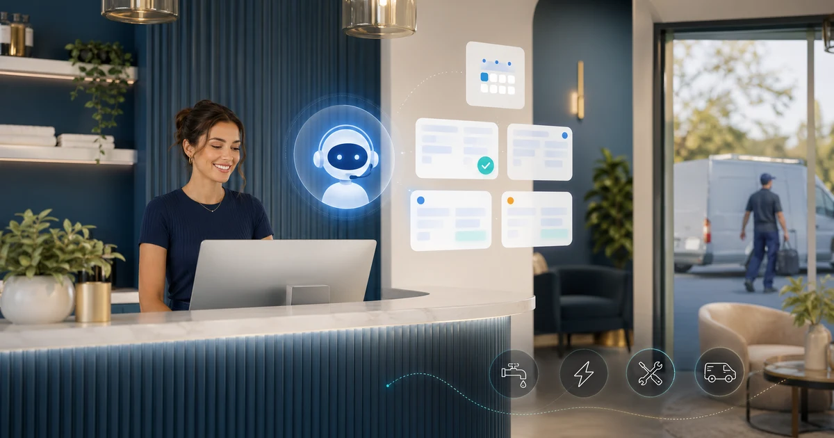AI recepcija za obrtnike in terenske storitve v 2026: kako podjetja zmanjšajo izgubljene ponudbe, nujne klice in zamude pri povratnih klicih — VoiceFleet blog illustration