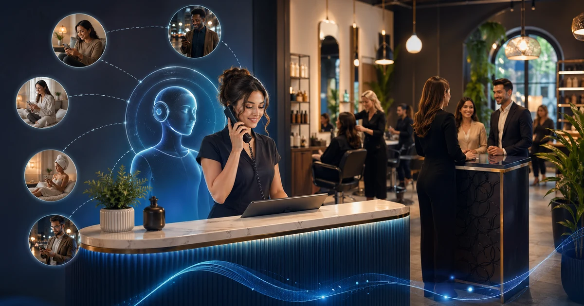 Hur salonger och skönhetsföretag minskar missade bokningssamtal, ombokningar och kvällsförfrågningar med en AI-receptionist 2026 — VoiceFleet blog illustration